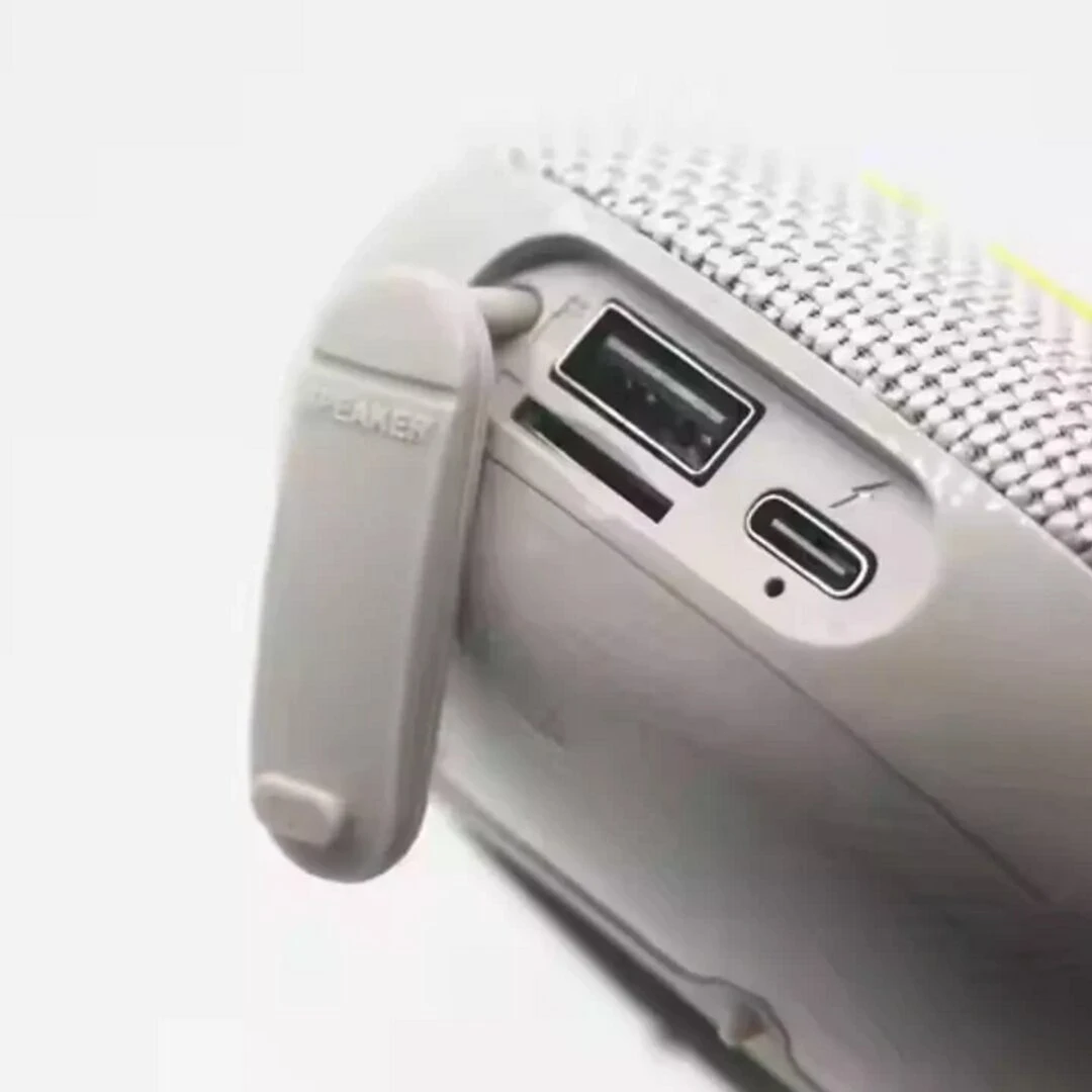 Vista trasera de parlante Bluetooth recargable en color gris claro, mostrando puerto USB, entrada auxiliar y asa integrada con etiqueta "SPEAKER".