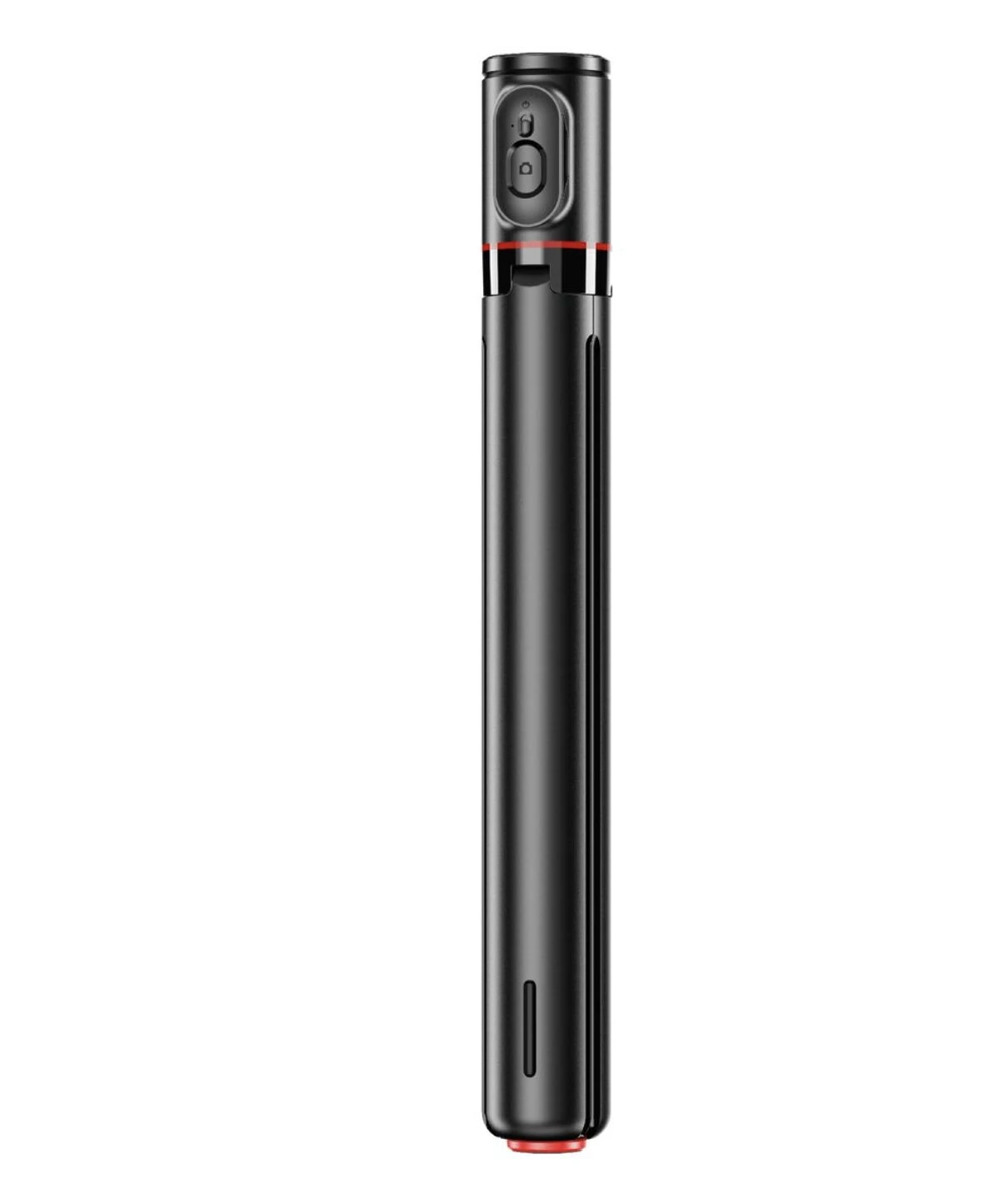 Tripode autoaperturable Moxom MX-SS20 en color negro con detalles rojos, mostrando la cámara frontal y el botón de control.