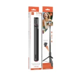 Tripode autoaperturable Moxom MX-SS20 de 1,71 m con control remoto Bluetooth para fotos y videos, mostrando su extensión completa y accesorios incluidos en empaque.