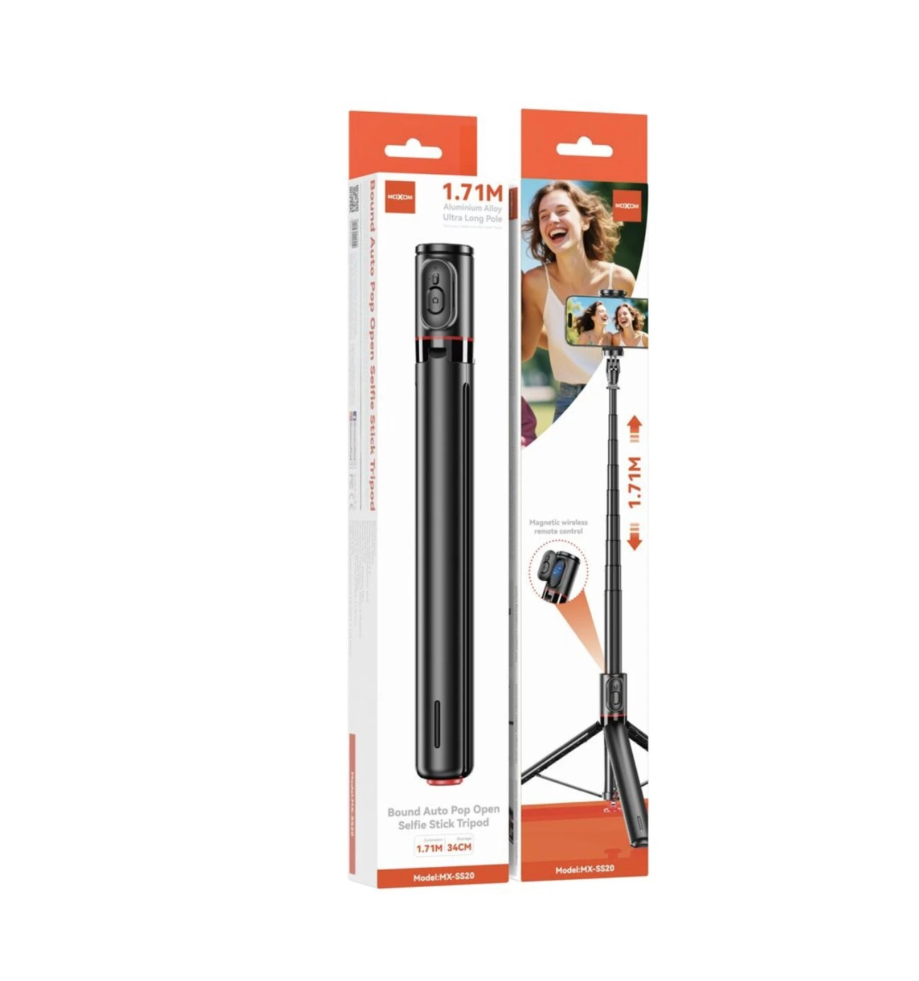 Tripode autoaperturable Moxom MX-SS20 de 1,71 m con control remoto Bluetooth para fotos y videos, mostrando su extensión completa y accesorios incluidos en empaque.