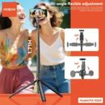 Tripode Moxom MX-SS20 con control remoto Bluetooth, en color negro, mostrando ajuste flexible de 180 grados y altura máxima de 1,71 m para fotos y videos estables.