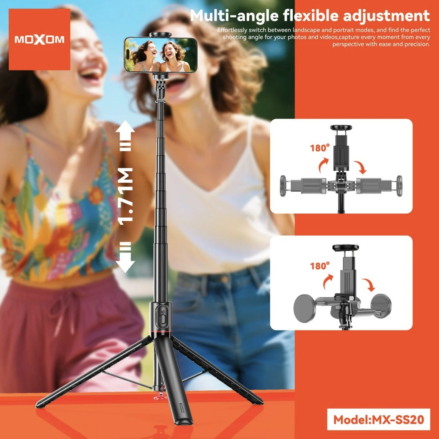Tripode Moxom MX-SS20 con control remoto Bluetooth, en color negro, mostrando ajuste flexible de 180 grados y altura máxima de 1,71 m para fotos y videos estables.