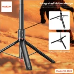 Tripode Moxom MX-SS20 en color negro, con patas extendidas y diseño plegable integrado, ideal para fotografía y video estable.