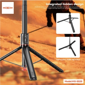 Tripode Moxom MX-SS20 en color negro, con patas extendidas y diseño plegable integrado, ideal para fotografía y video estable.