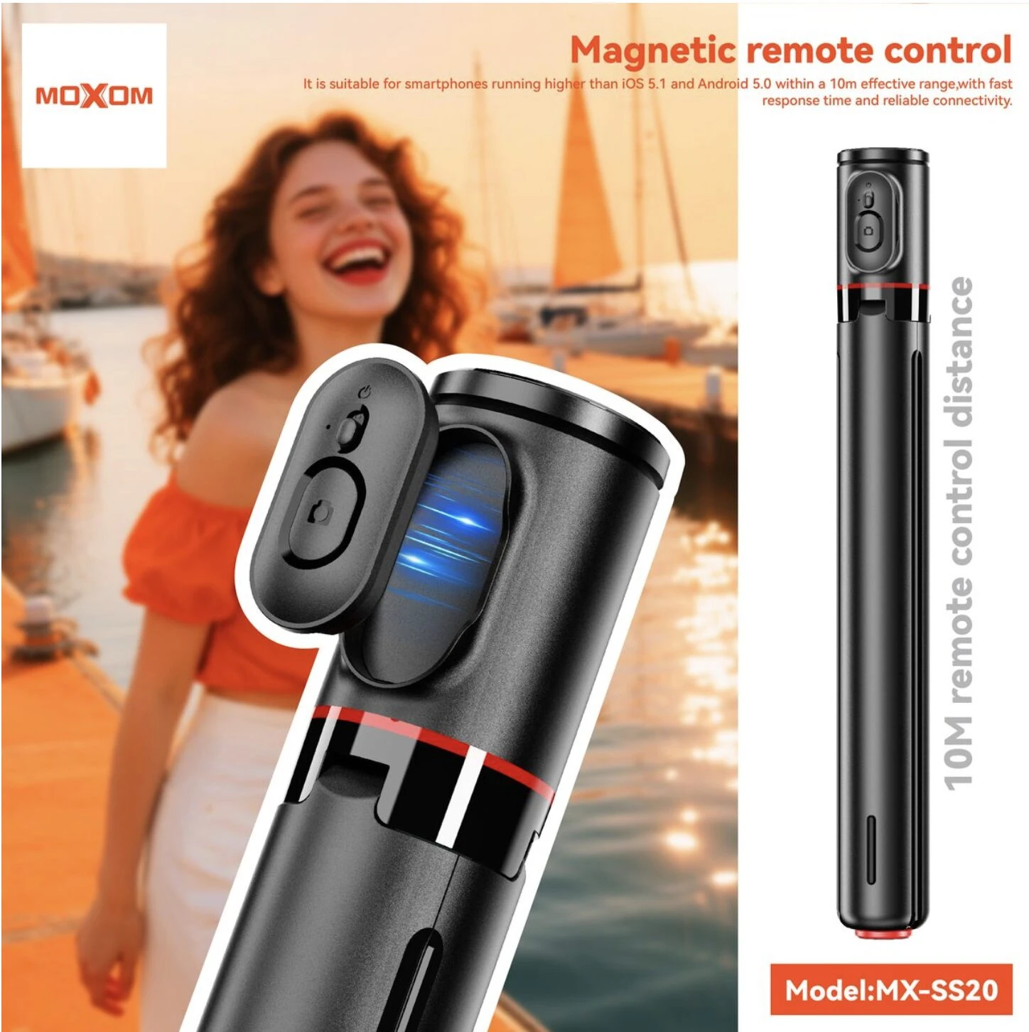 Control remoto magnético negro Moxom MX-SS20 con luz azul visible, alcance de 10 metros, para disparar fotos y videos con manos libres.