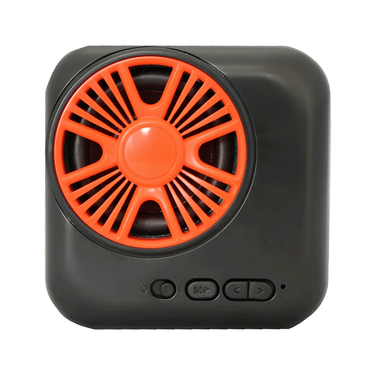 Mini parlante Bluetooth negro con radio FM, batería recargable y controles táctiles visibles en la parte superior.