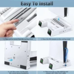 Soporte vertical blanco para consola PS5, mostrando instalación paso a paso con base para mando DualSense y cable USB-C.
