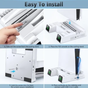 Soporte vertical blanco para consola PS5, mostrando instalación paso a paso con base para mando DualSense y cable USB-C.