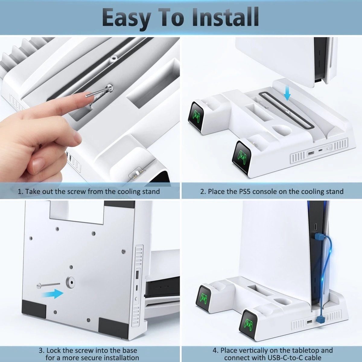 Soporte vertical blanco para consola PS5, mostrando instalación paso a paso con base para mando DualSense y cable USB-C.