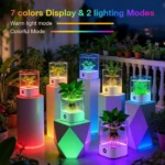 Lámpara acuario con plantas hidropónicas en varios colores LED, mostrando modos de iluminación cálida y multicolor sobre pedestales geométricos.