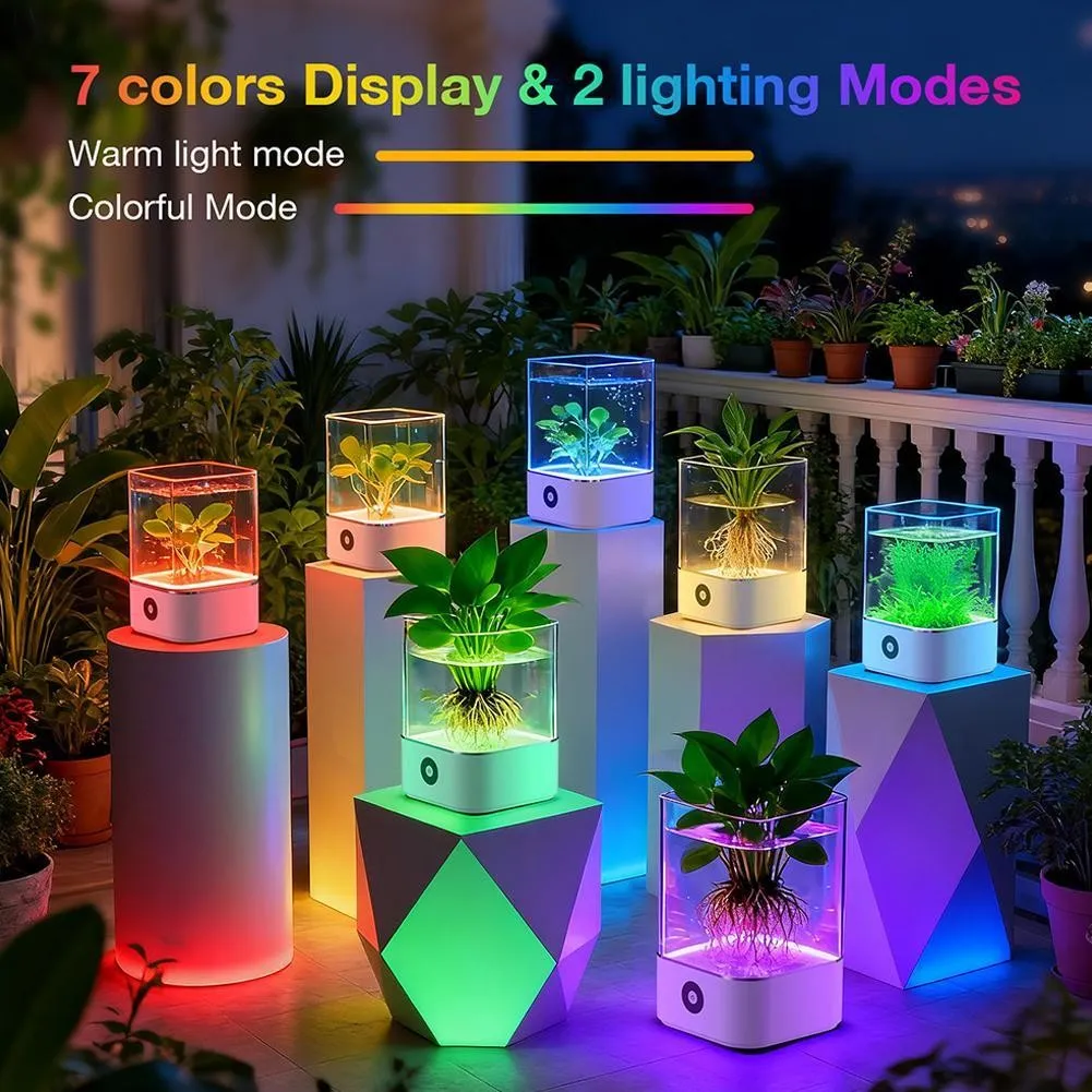 Lámpara acuario con plantas hidropónicas en varios colores LED, mostrando modos de iluminación cálida y multicolor sobre pedestales geométricos.