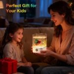 Mujer y niña observan lámpara acuario con pez de colores, luz cálida, regalo rojo al lado, ambiente hogareño nocturno.