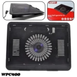 Base refrigerante WPC400 en color negro, con rejilla metálica perforada y ventilador central visible. Incluye soporte ajustable y cable de alimentación. Ideal para mantener portátiles frescos.