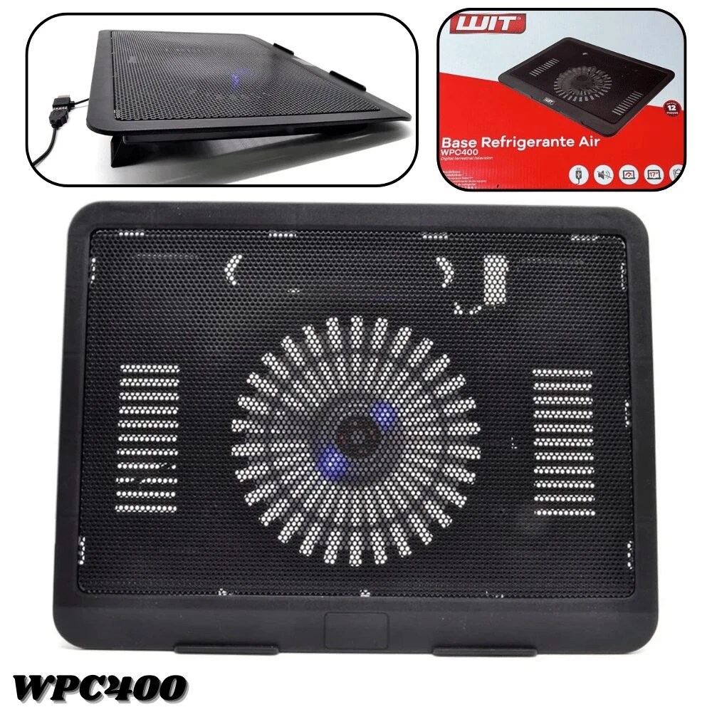 Base refrigerante WPC400 en color negro, con rejilla metálica perforada y ventilador central visible. Incluye soporte ajustable y cable de alimentación. Ideal para mantener portátiles frescos.