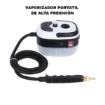 Vaporizador portátil Skypower Advance en blanco y negro, con manguera enrollada y boquilla metálica, listo para uso.