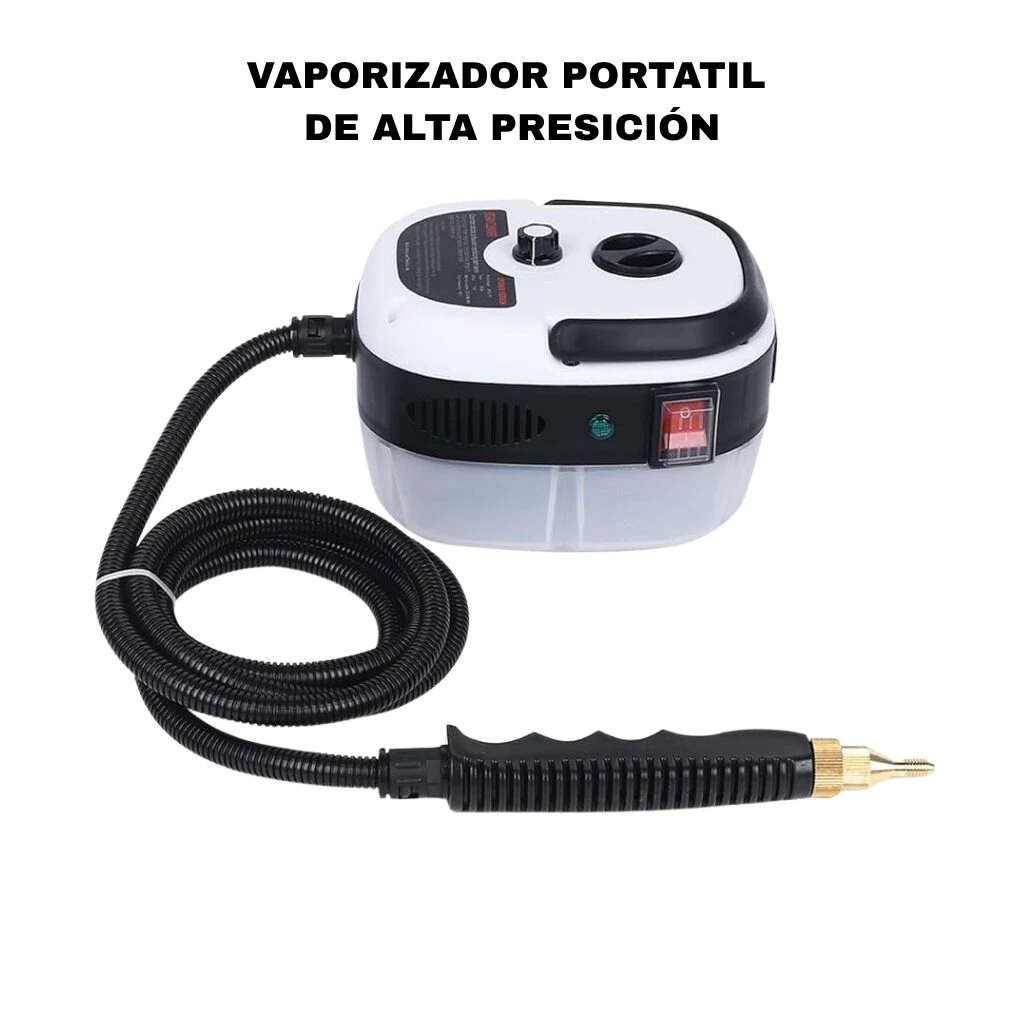Vaporizador portátil Skypower Advance en blanco y negro, con manguera enrollada y boquilla metálica, listo para uso.