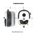 Vaporizador portátil Skypower Advance en blanco y negro, con dimensiones de 19 cm de alto por 15 cm de ancho, mostrando vista frontal y lateral.