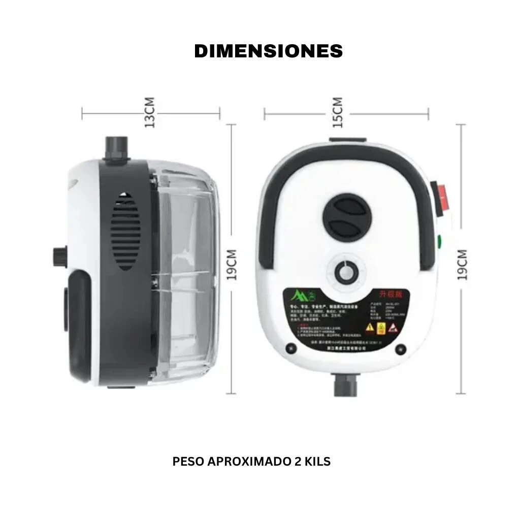 Vaporizador portátil Skypower Advance en blanco y negro, con dimensiones de 19 cm de alto por 15 cm de ancho, mostrando vista frontal y lateral.