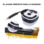 Vaporizador portátil Skypower Advance en blanco y negro, con manguera y boquilla. Incluye detalle de panel de control y uso en limpieza de grasa en cocina.