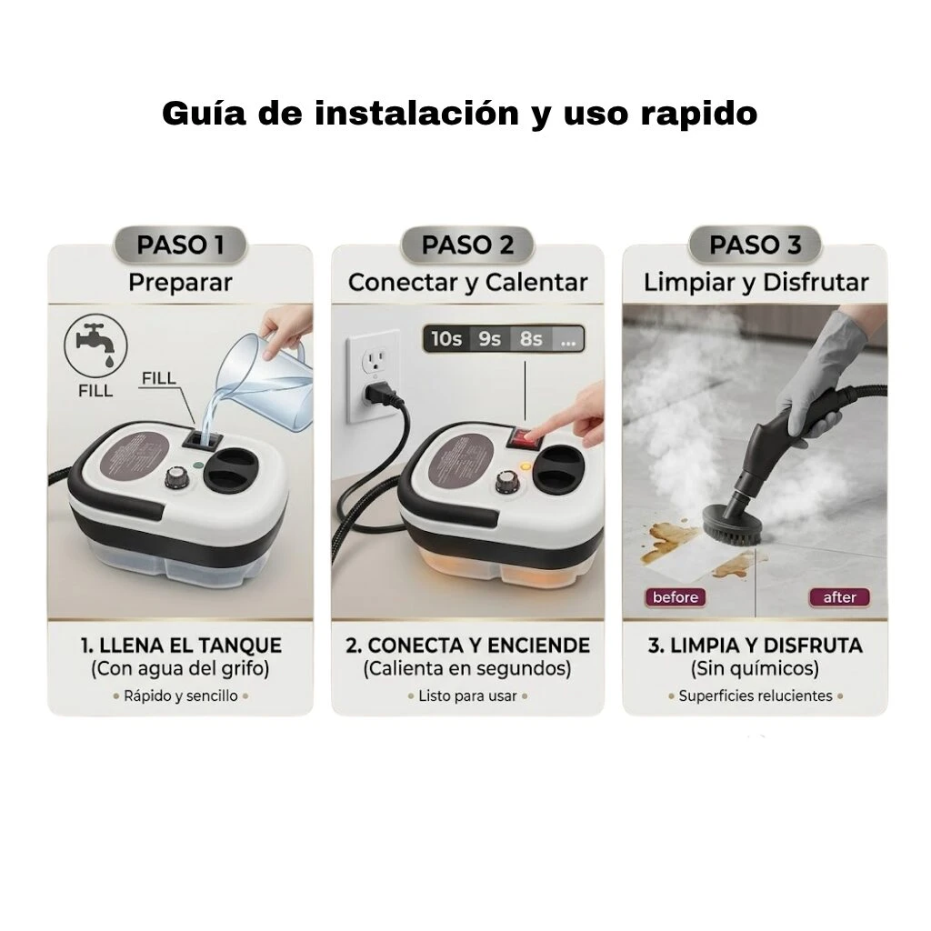 Guía de instalación y uso rápido del vaporizador portátil Skypower Advance: pasos para llenar, conectar y limpiar superficies sin químicos.