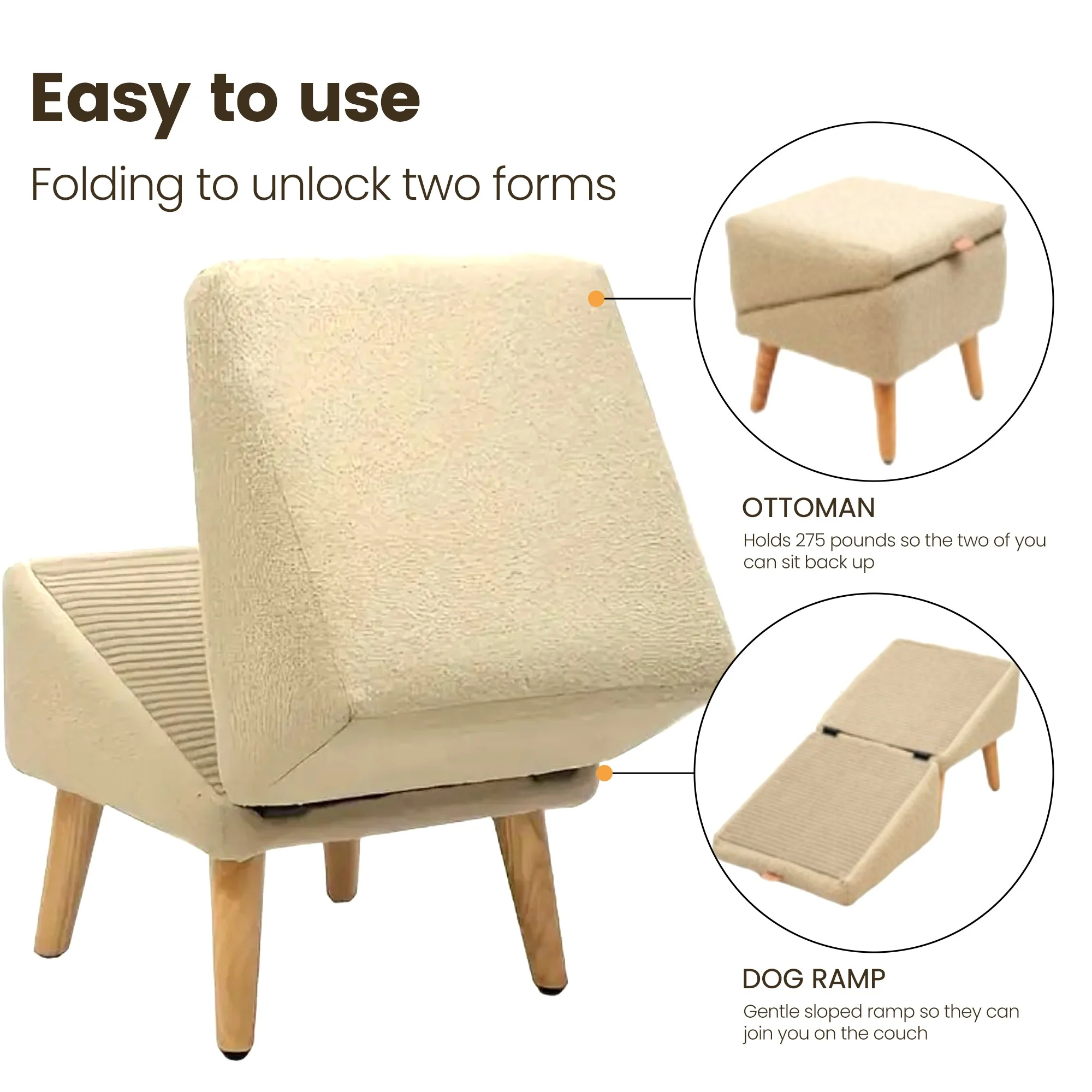 Sillón beige con rampa plegable para mascotas, diseño ergonómico y textura suave, ideal para subir al sofá sin saltar.