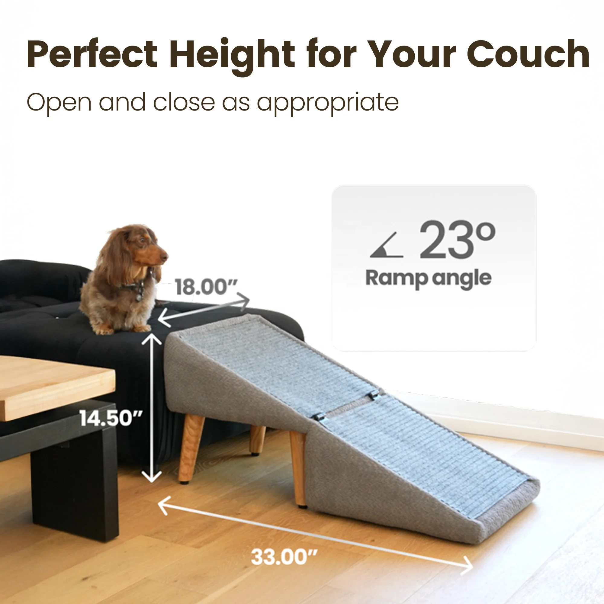 Rampa plegable antideslizante gris para mascotas, con ángulo de 23°, medidas 33x14.50x18 pulgadas, ideal para acceso seguro al sofá.