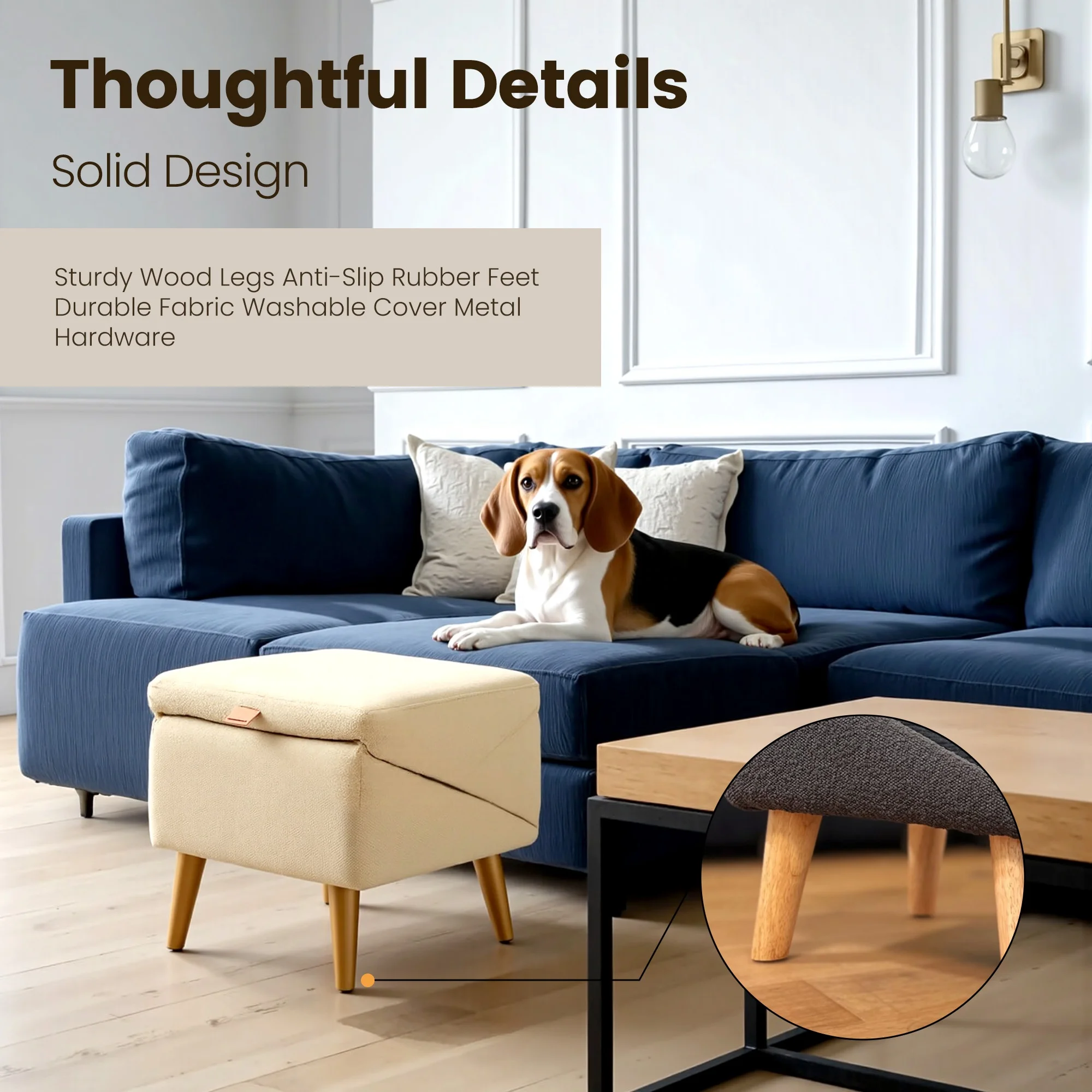 Sofá azul con perro beagle acostado, acompañado de taburete beige y mesa de centro. Detalle de patas de madera con goma antideslizante. Diseño sólido y funcional para mascotas.