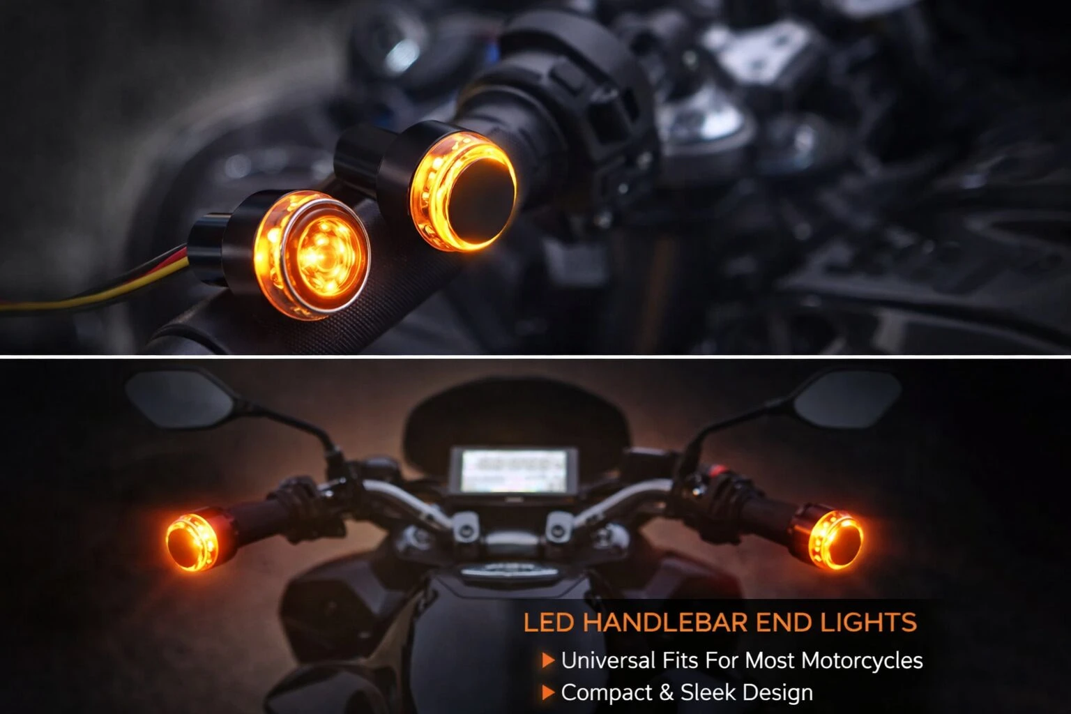 Dos luces LED amarillas en extremos de manubrio de motocicleta, diseño compacto y moderno para mayor visibilidad nocturna.
