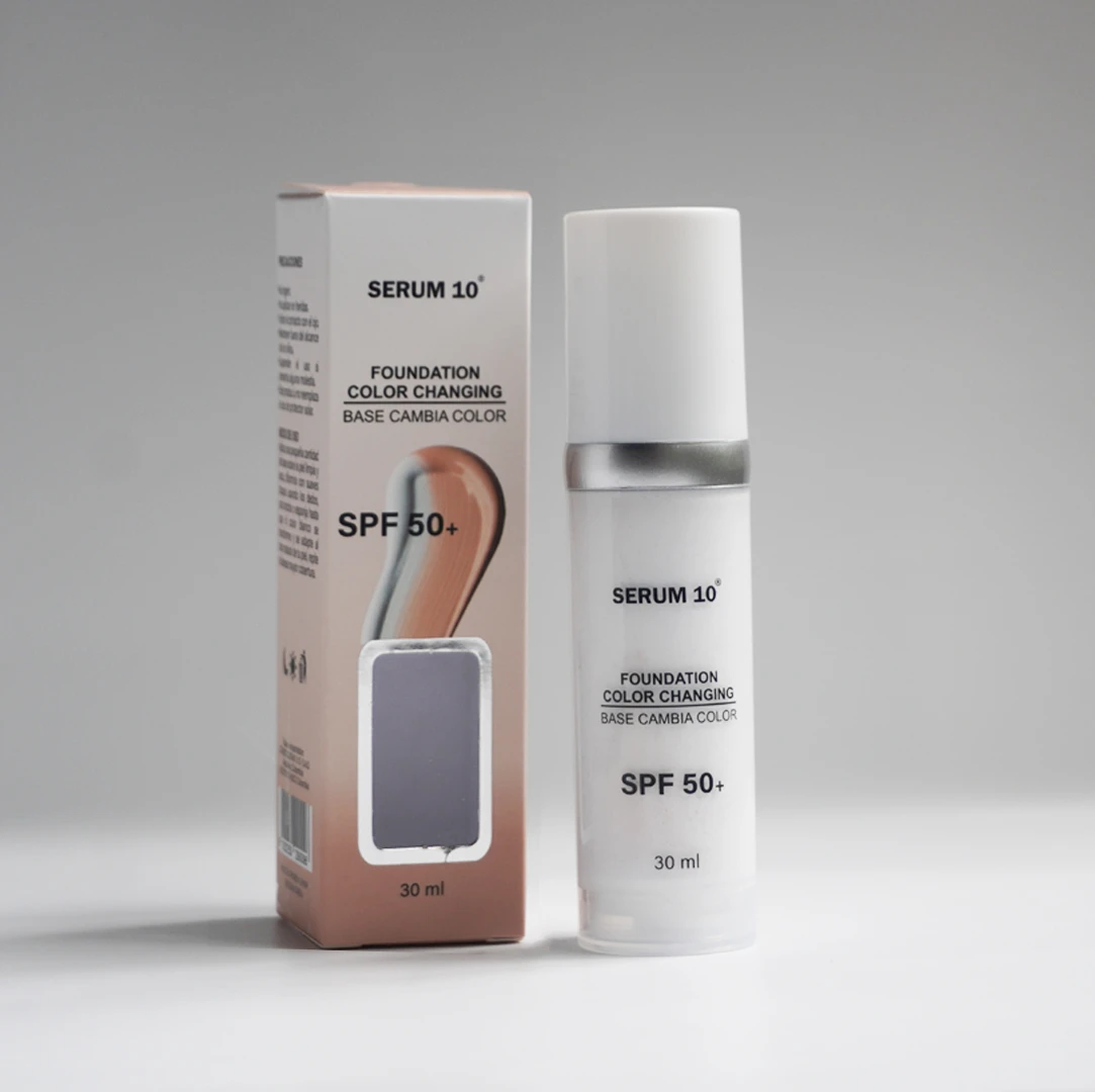Serum 10 Foundation Color Changing SPF 50, 30 ml, con empaque y frasco blanco, textura líquida, para base adaptativa al tono de piel.