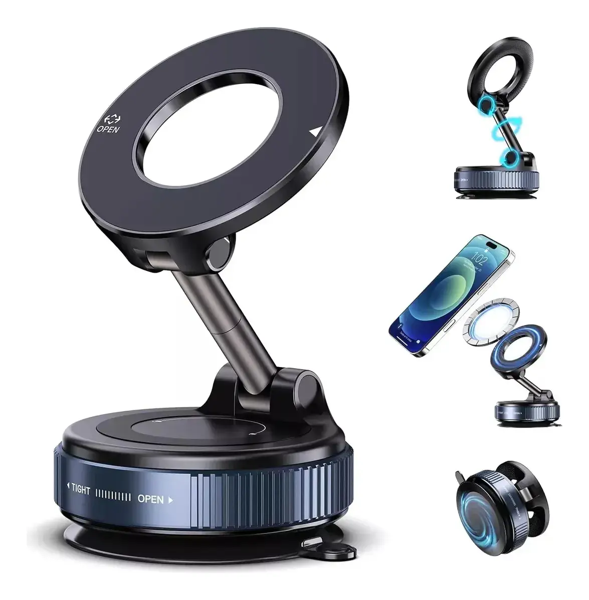 Soporte magnético negro para celular con base giratoria y anillo de luz LED, ideal para uso en auto. Incluye imanes N52 y accesorios para montaje flexible.