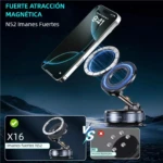 Soporte magnético para celular con imanes N52, mostrando sujeción de teléfono en posición vertical sobre base giratoria, con comparación visual entre modelo X16 y versión estándar.