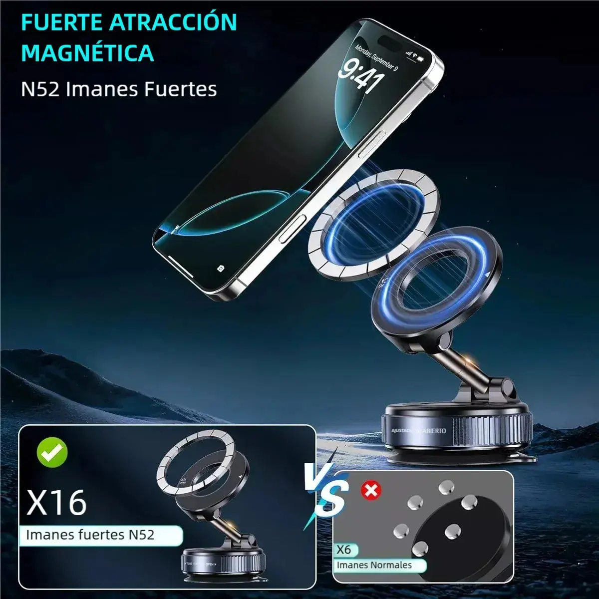 Soporte magnético para celular con imanes N52, mostrando sujeción de teléfono en posición vertical sobre base giratoria, con comparación visual entre modelo X16 y versión estándar.