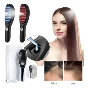 Cepillo masajeador capilar con luces LED azul y roja, vibración y luz azulada en detalle. Incluye estuche blanco, cepillo extra y muestra de cabello antes y después del uso.