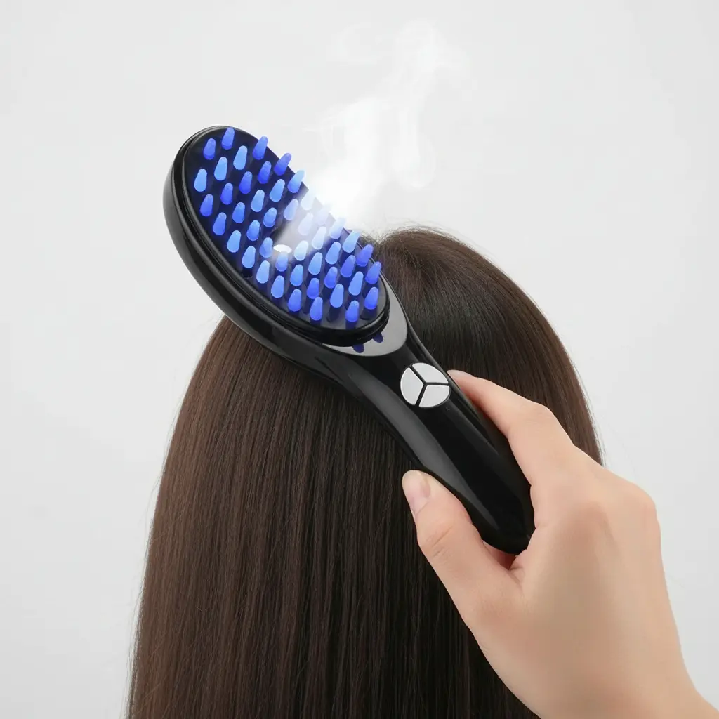 Cepillo masajeador capilar negro con cerdas azules y luz LED, en uso sobre cabello castaño.