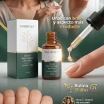 Bote de Nail Reset sérum antihongos para uñas, con aplicador gotero y caja verde. Muestra mujer aplicando en uña, testimonios y rutina de 21 días.