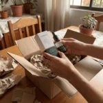 Manos desempaquetando set Nail Reset con caja blanca y frasco de vidrio oscuro sobre mesa de madera, con plantas de fondo.