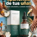 Set Nail Reset con sérum renovador de uñas en frasco de vidrio oscuro y caja blanca, acompañado de ilustraciones de manos y pies saludables.