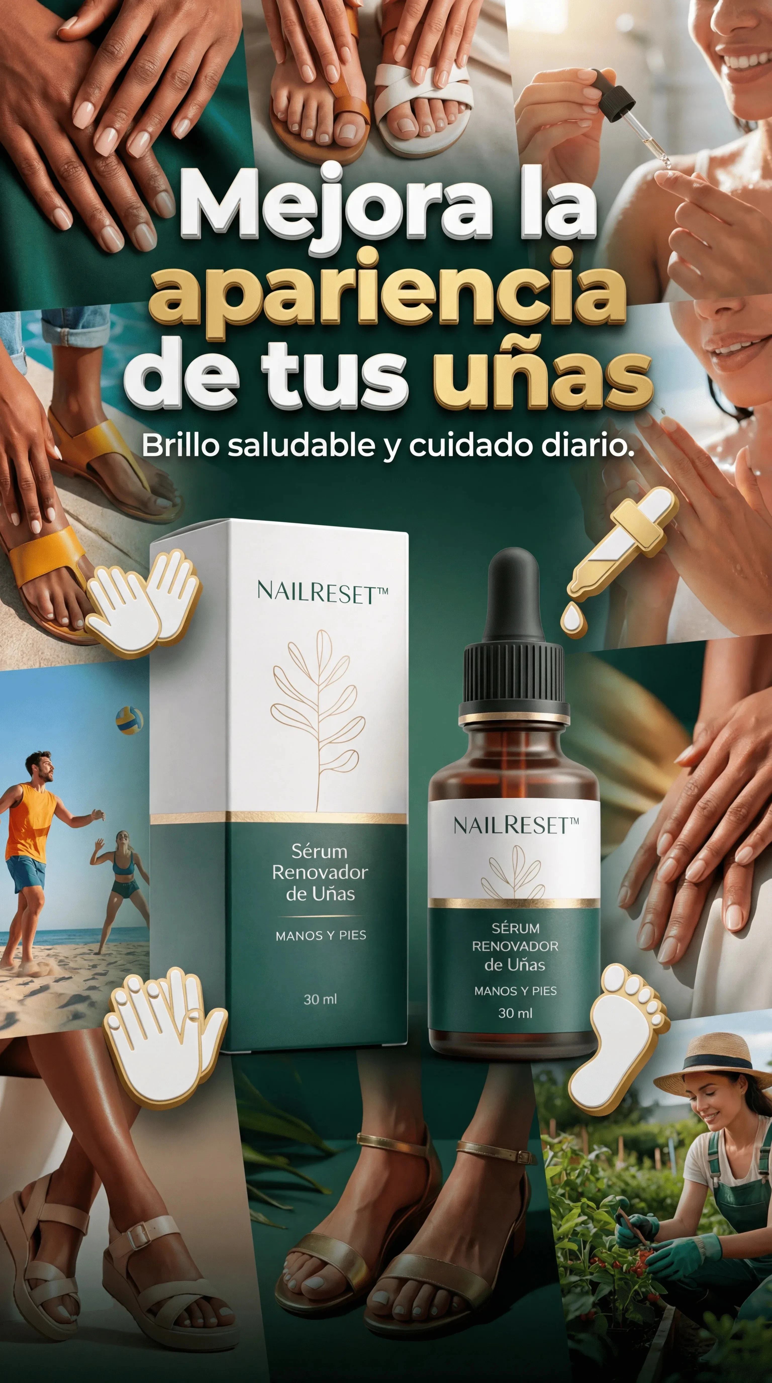 Set Nail Reset con sérum renovador de uñas en frasco de vidrio oscuro y caja blanca, acompañado de ilustraciones de manos y pies saludables.