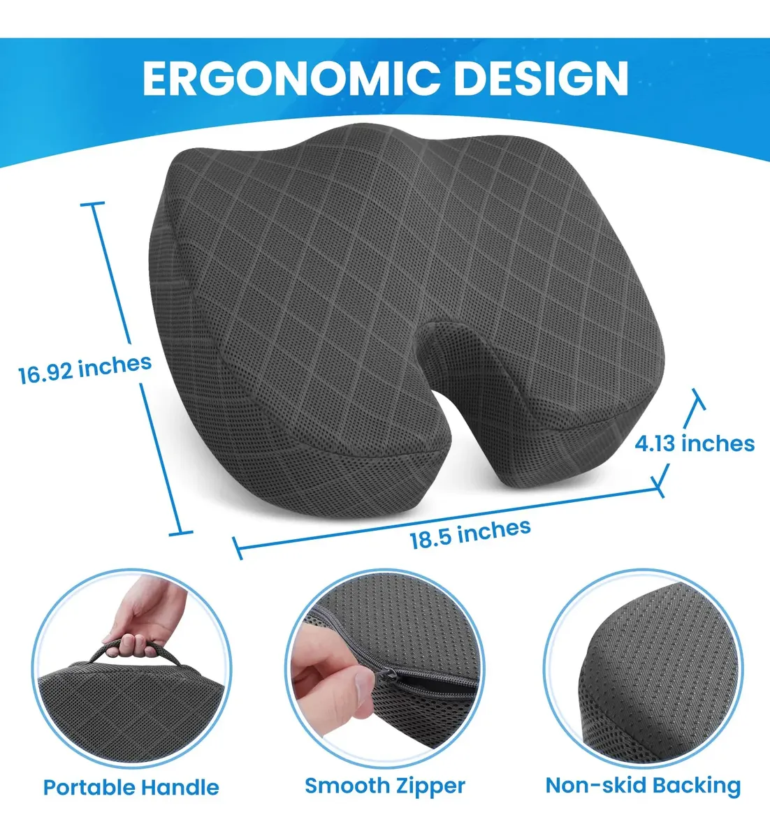 Almohada lumbar ergonómica en color gris oscuro con diseño de malla, medidas de 18.5 pulgadas de largo, 16.92 de alto y 4.13 de profundidad, incluye asa portátil, cremallera suave y base antideslizante.