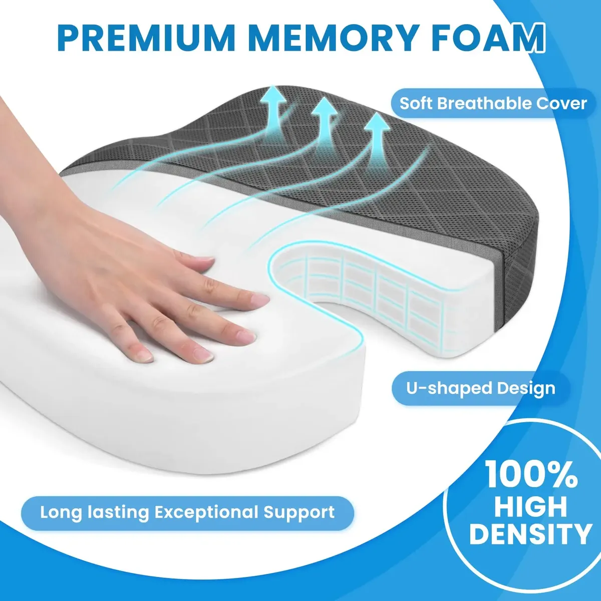 Almohada ortopédica ergonómica en blanco con diseño U, cubierta transpirable y espuma de alta densidad para soporte lumbar.