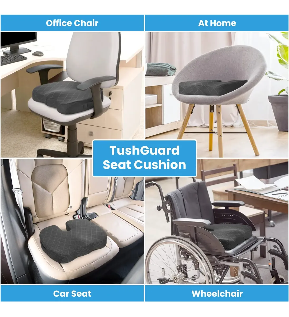 Almohada ergonómica de color gris oscuro con textura acolchada, mostrada en cuatro contextos: silla de oficina, sillón de sala, asiento de auto y silla de ruedas, destacando su adaptabilidad a diferentes superficies.