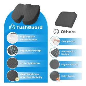 Almohada lumbar ergonómica en color gris oscuro con diseño de alta densidad, base antideslizante y tela transpirable. Comparativa visual frente a modelos genéricos.