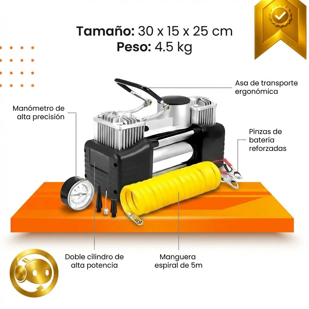 Compresor de aire portátil 12V doble cilindro, color negro con manguera amarilla enrollada, pinzas de batería reforzadas, manómetro analógico y asa ergonómica; dimensiones 30x15x25 cm, peso 4.5 kg.