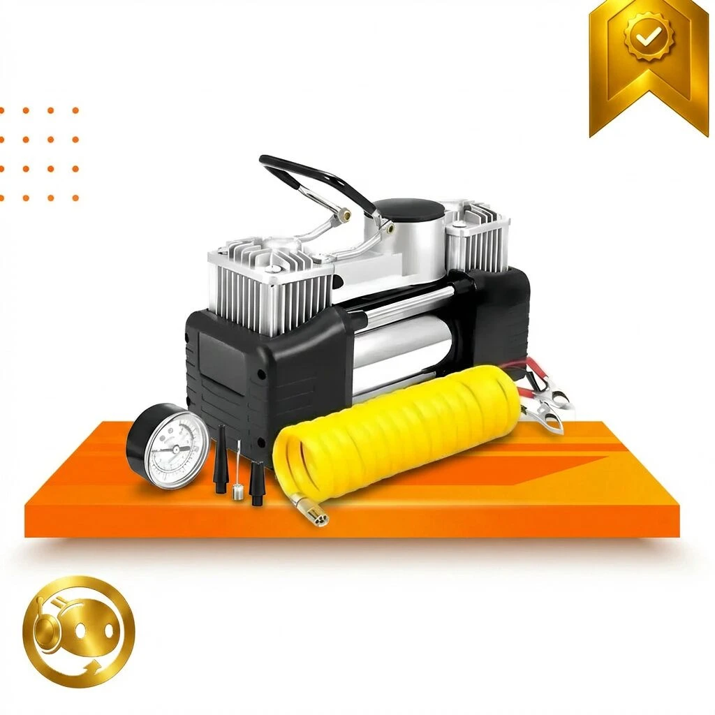 Compresor de aire portátil 12V con dos cilindros, manguera amarilla enrollada, manómetro y accesorios sobre base naranja.