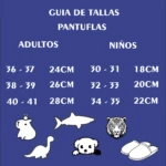 Guía de tallas pantuflas niños con ilustraciones de animales y medidas en centímetros para cada rango de talla.