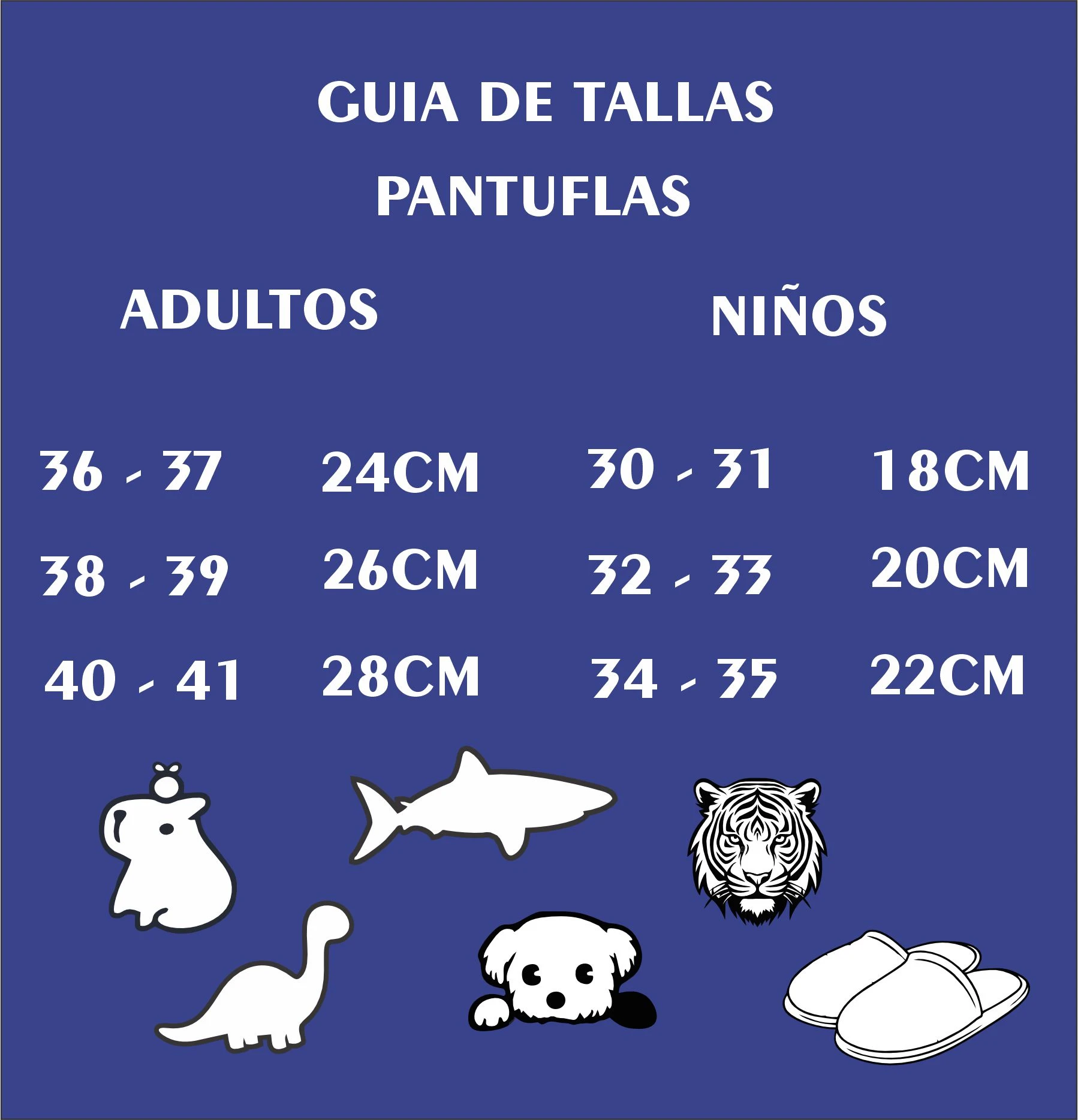 Guía de tallas pantuflas niños con ilustraciones de animales y medidas en centímetros para cada rango de talla.