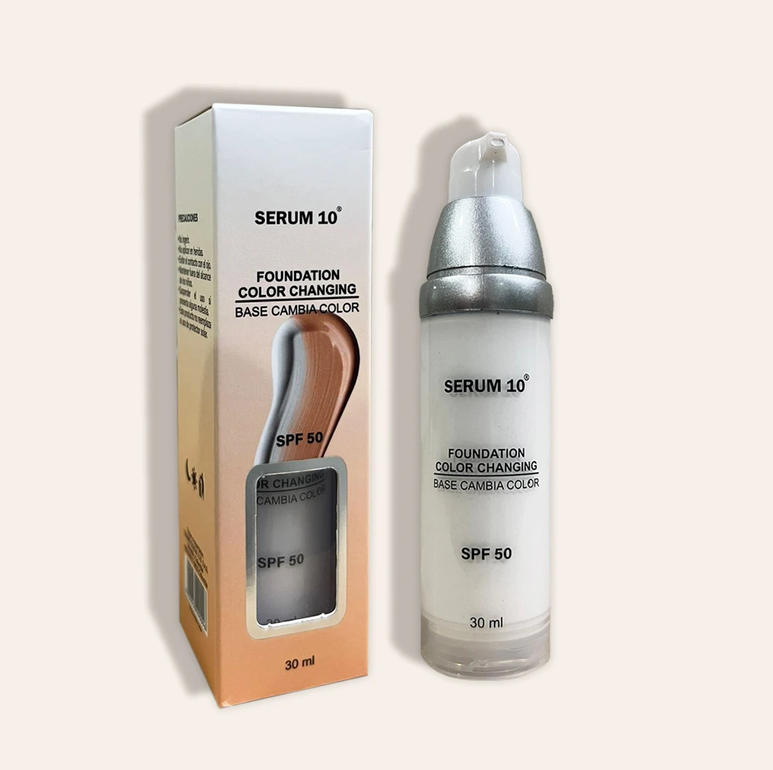 Serum 10 Foundation Color Changing SPF 50, 30 ml, con caja y botella transparente mostrando textura líquida y dos tonos de base.