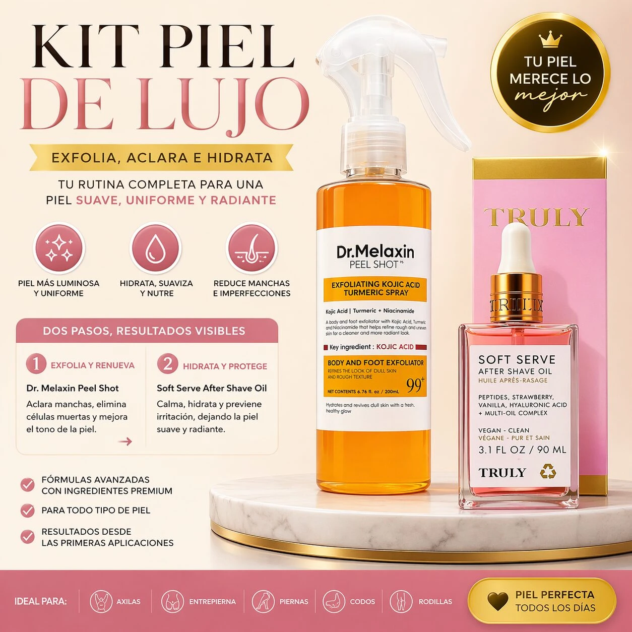 Kit de cuidado facial con spray exfoliante en vidrio ámbar y aceite corporal en frasco transparente con tapa dorada, sobre base marmolada; incluye caja rosa con logo Truly.