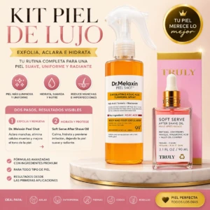 Kit de cuidado de la piel con spray exfoliante de ácido kójico y aceite corporal hidratante, presentados en botella transparente con líquido naranja y envase rosa, sobre base de mármol blanco.