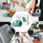 Masajeador eléctrico verde con cabezales intercambiables, vibración y calor, en uso en cuello, espalda y rostro, junto a su caja y accesorios.